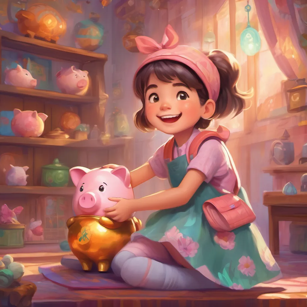 A cheerful, determined little girl with wide eyes and a big smile, wearing bright, playful clothes dreaming of future adventures with her magical piggy bank glowing warmly beside her.