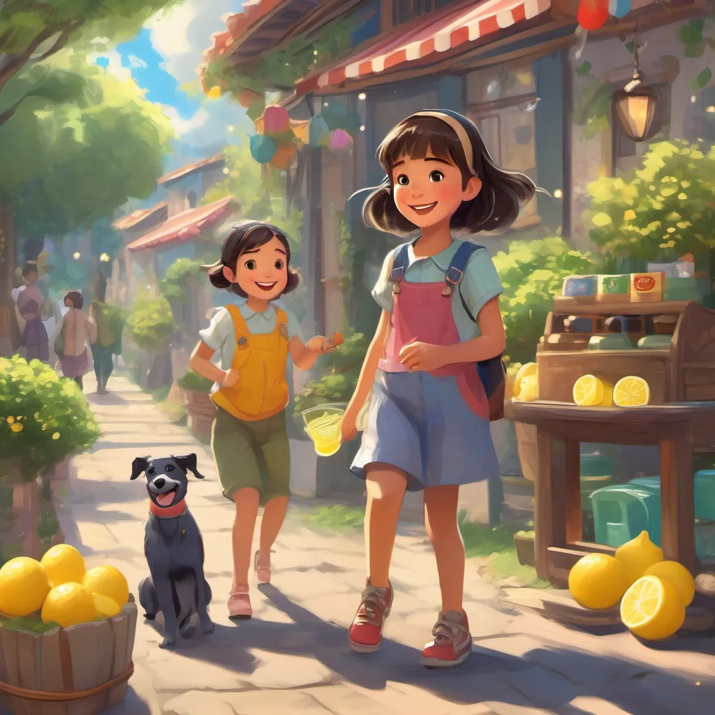 A cheerful, determined little girl with wide eyes and a big smile, wearing bright, playful clothes bustling around with a lemonade stand, handmade crafts, and walking dogs while her pockets jingle with coins.