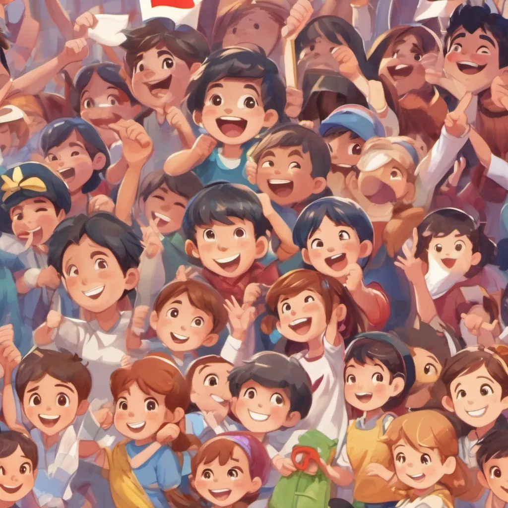 A group of animated, cheerful children showing support and enthusiasm cheering her on with banners and happy faces as she continues to save money.