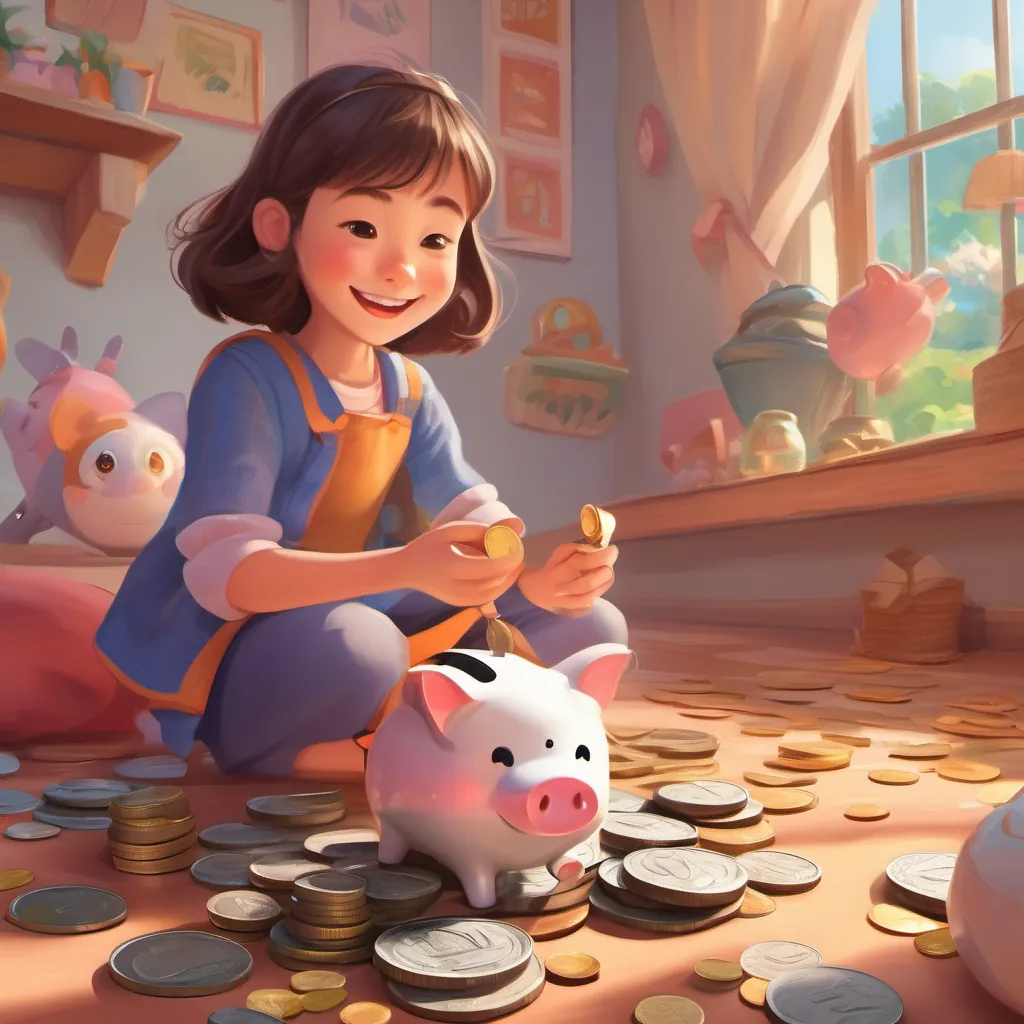 A breezy afternoon, with A cheerful, determined little girl with wide eyes and a big smile, wearing bright, playful clothes counting coins beside the animated, winking piggy bank.