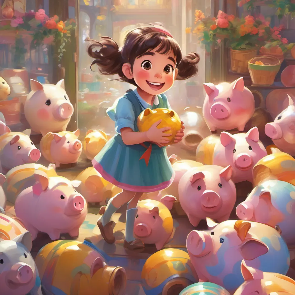 A cheerful, determined little girl with wide eyes and a big smile, wearing bright, playful clothes excitedly peering into an overflowing piggy bank with a radiant smile on a bright sunny morning.