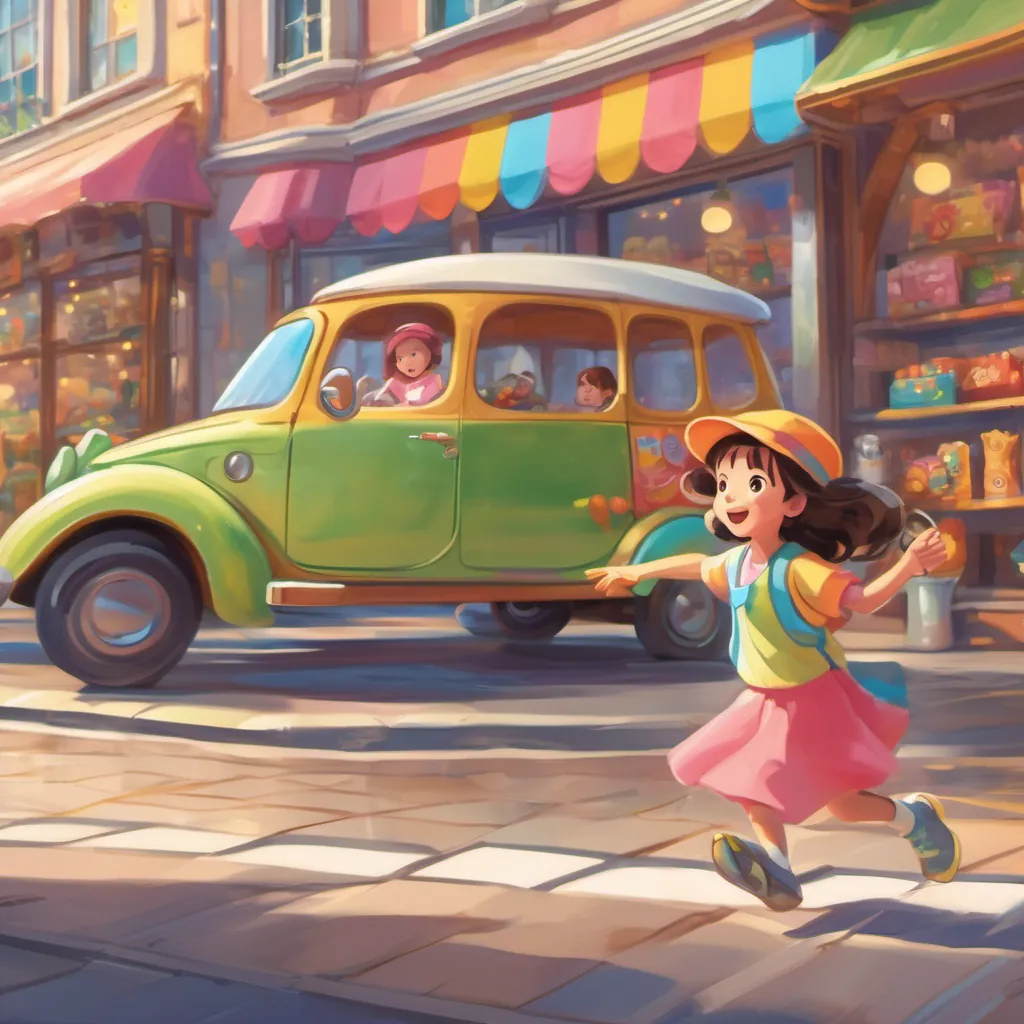 A cheerful, determined little girl with wide eyes and a big smile, wearing bright, playful clothes running excitedly to the bright and bustling toy store, pointing at a shiny remote-control car in the window display.