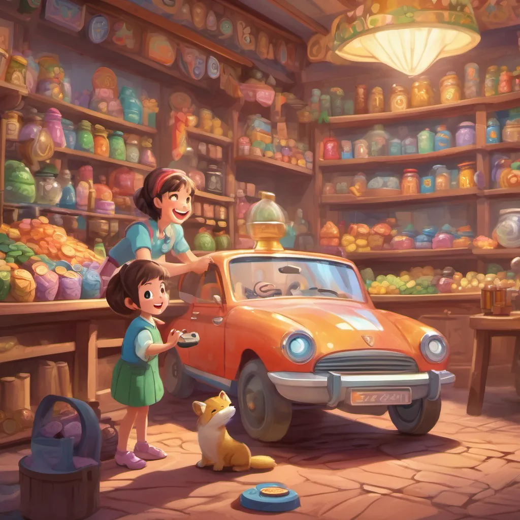 A friendly shopkeeper counting coins and handing a delighted A cheerful, determined little girl with wide eyes and a big smile, wearing bright, playful clothes the shiny remote-control car.