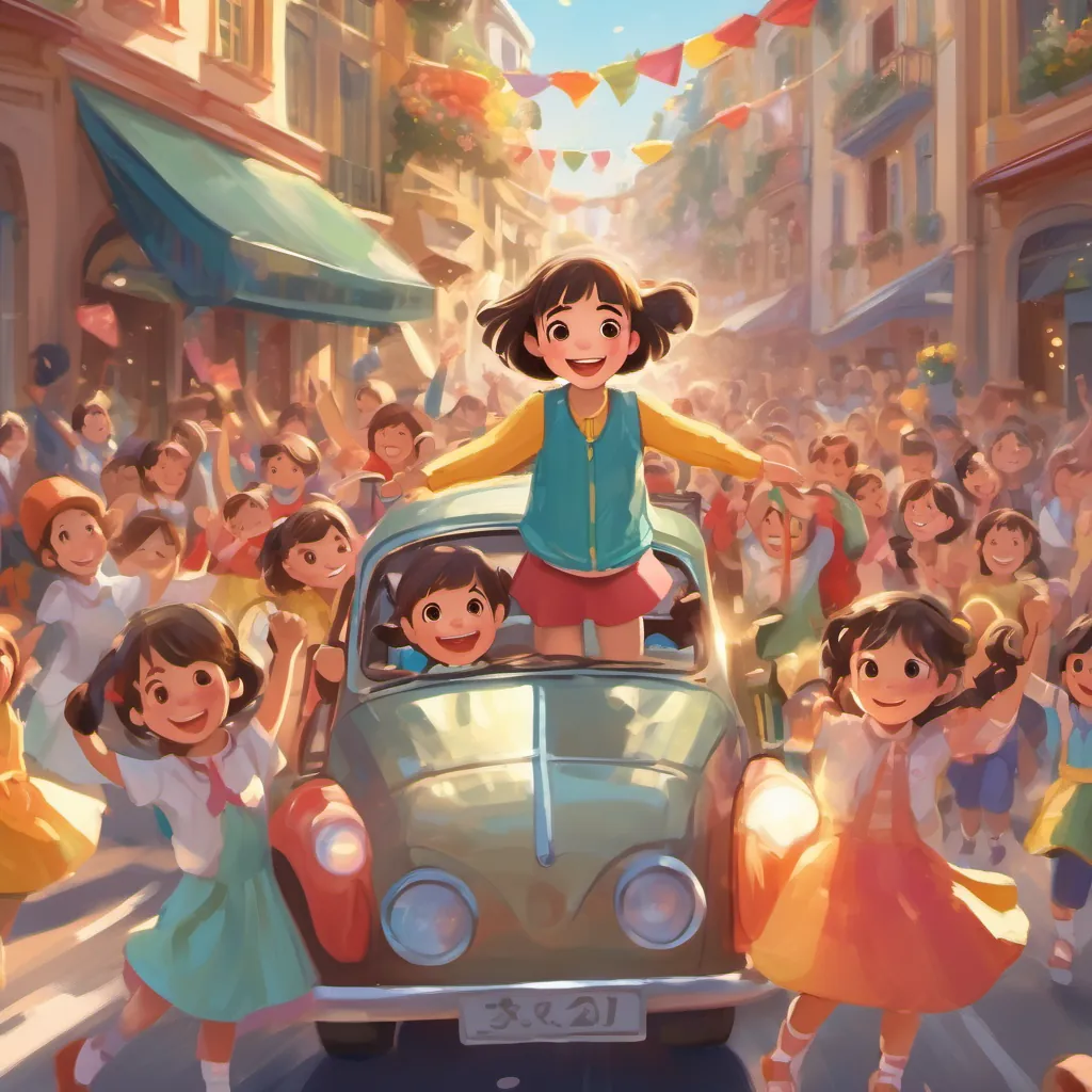 A cheerful, determined little girl with wide eyes and a big smile, wearing bright, playful clothes beaming with pride as she carries her new car, surrounded by cheering friends in a joyful parade-like atmosphere.