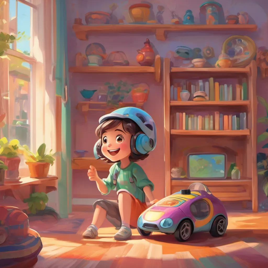 A cheerful, determined little girl with wide eyes and a big smile, wearing bright, playful clothes playing with the fast and exciting remote-control car in her joyful, lively home.