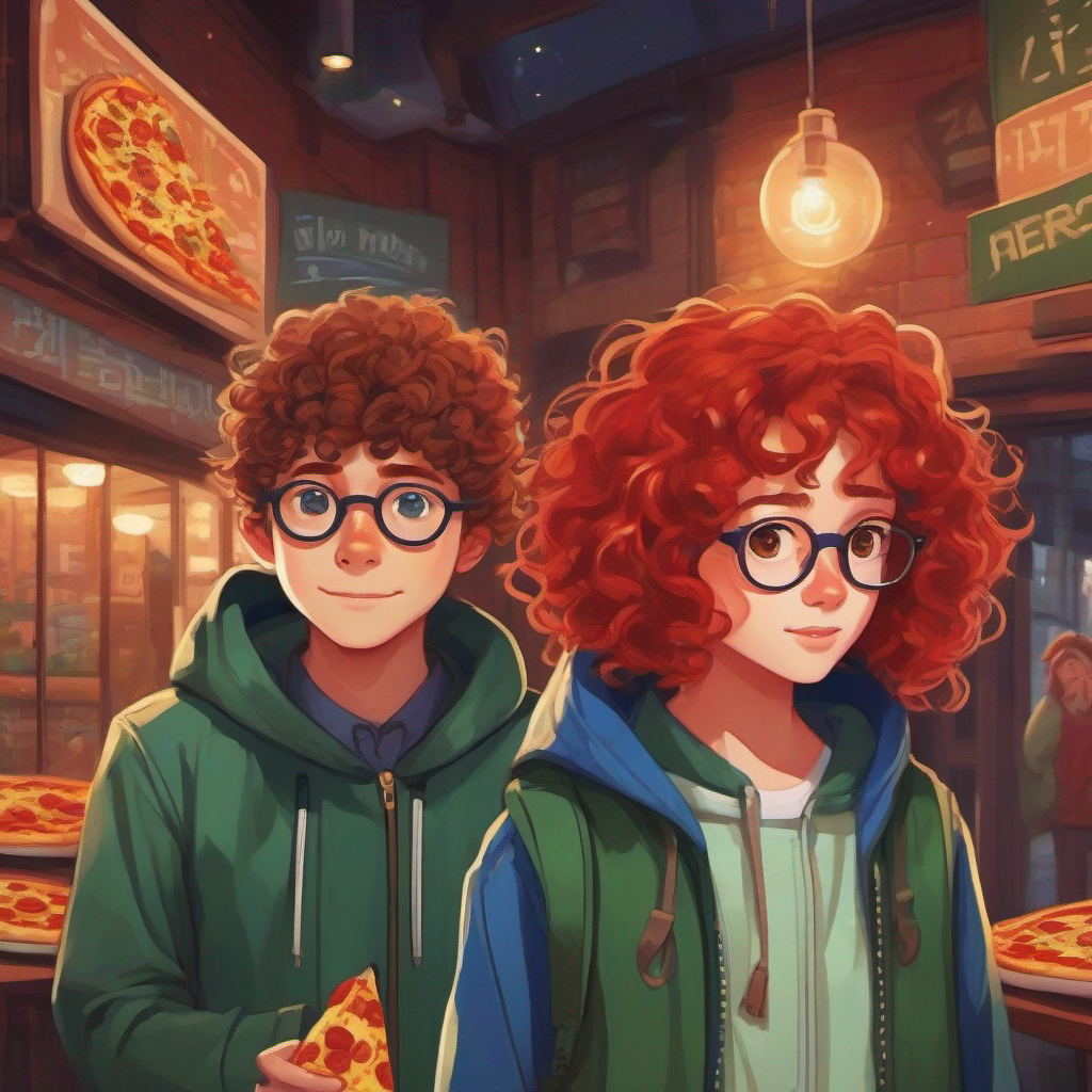 Curly-haired boy wearing a blue jacket and glasses and Red-haired girl with freckles wearing a green hoodie plan to explore a haunted pizza parlor