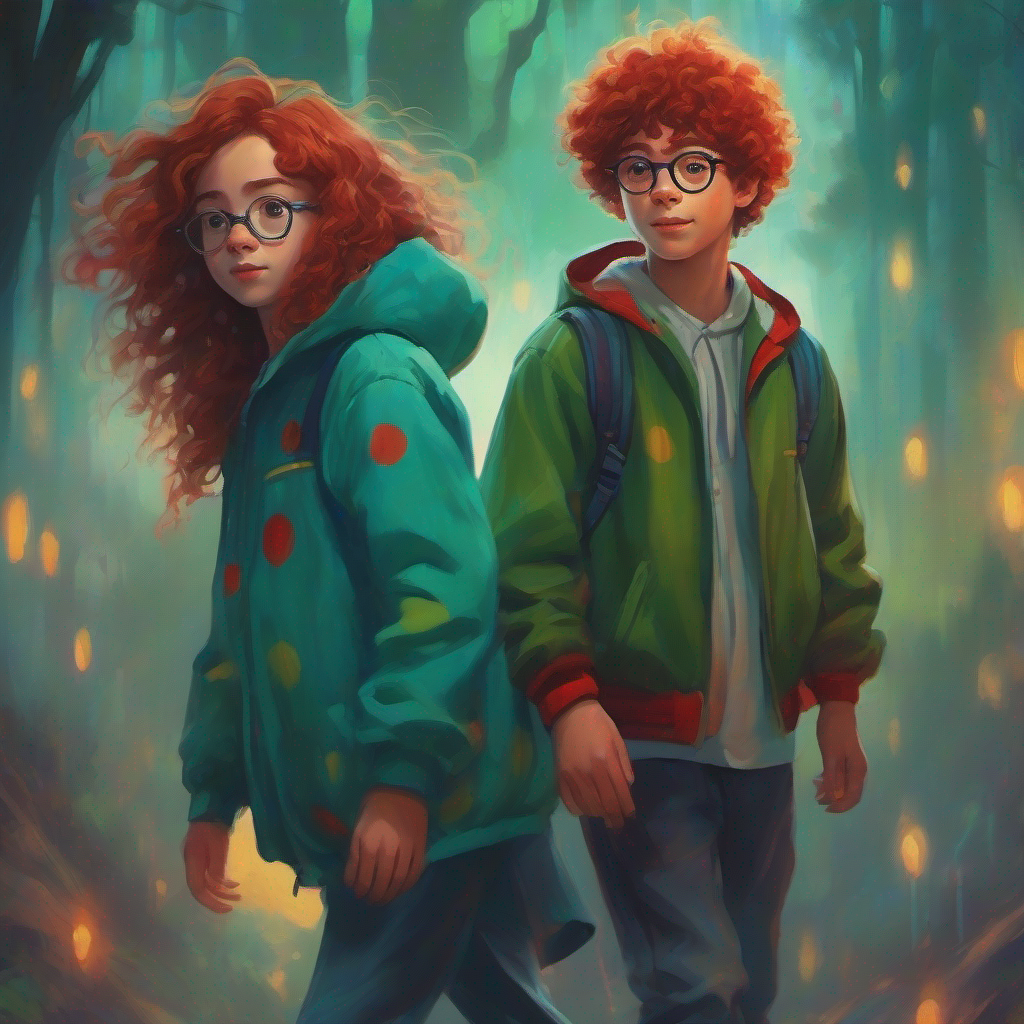 Curly-haired boy wearing a blue jacket and glasses and Red-haired girl with freckles wearing a green hoodie encounter the ghostly clown