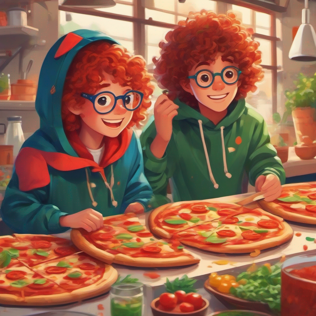 Curly-haired boy wearing a blue jacket and glasses and Red-haired girl with freckles wearing a green hoodie organize a pizza-making contest