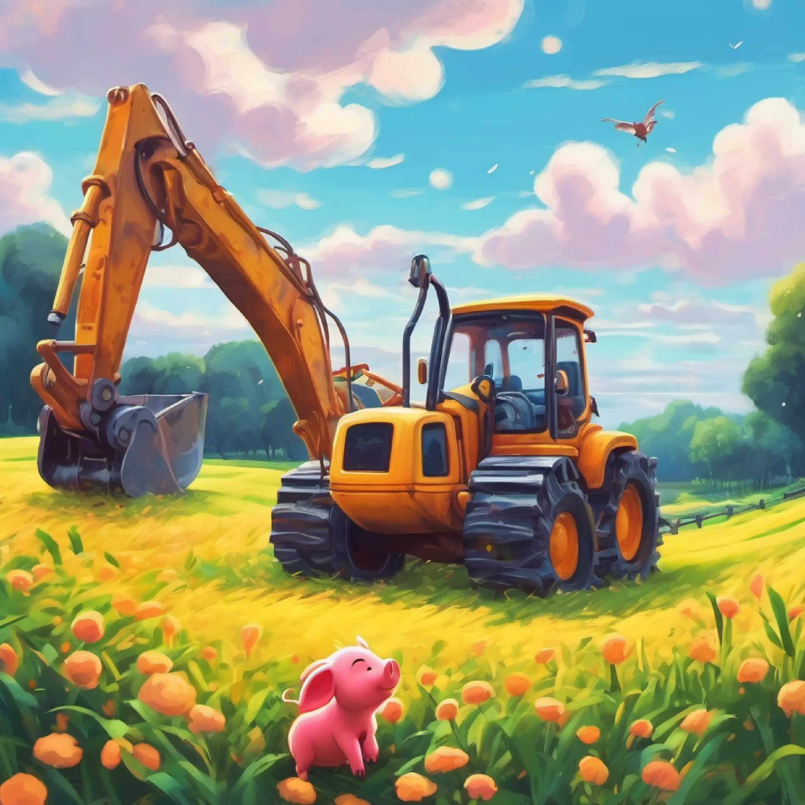 Piglet meets a quiet Excavator in a field.