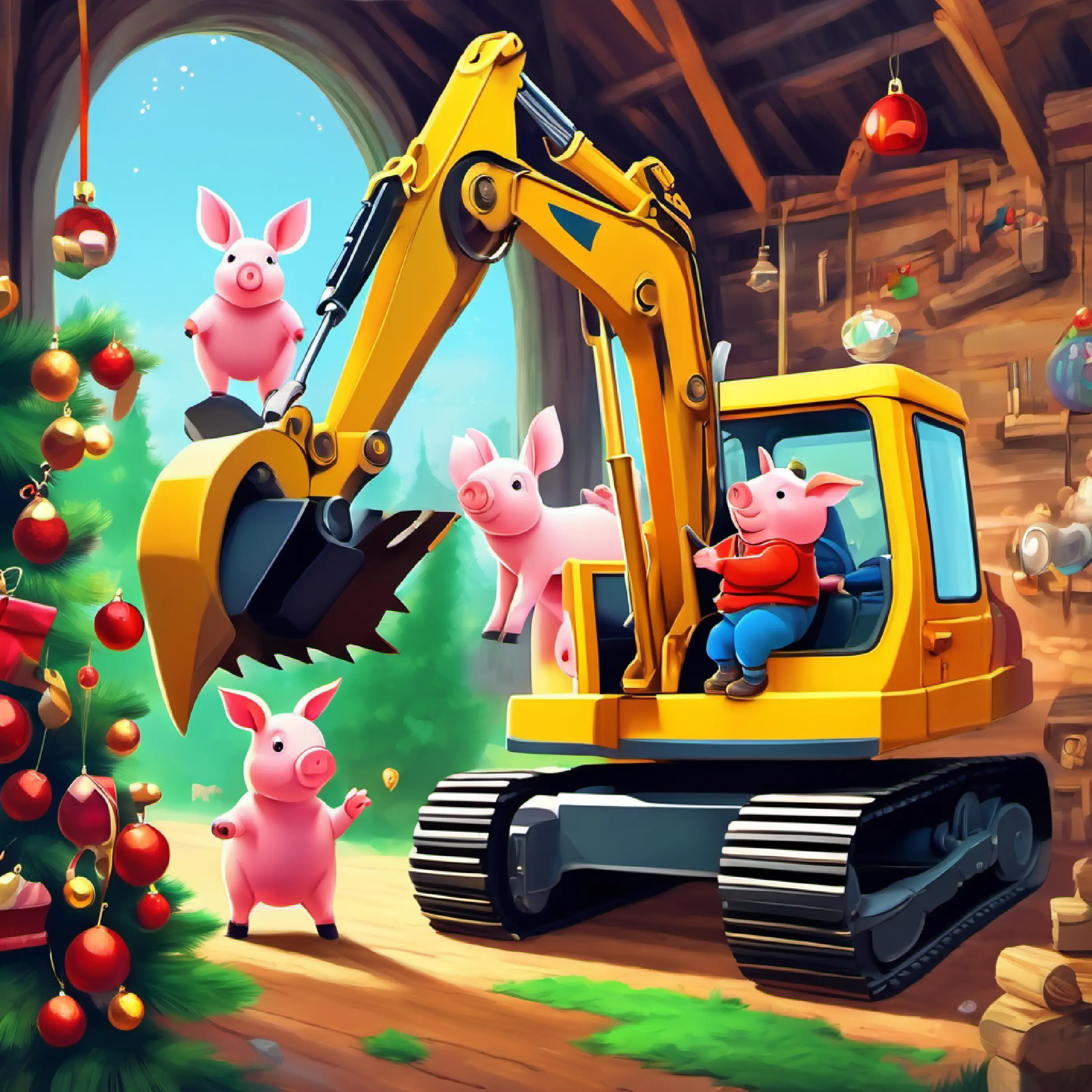 Excavator, Piglet, and Mechanic are all playing together.