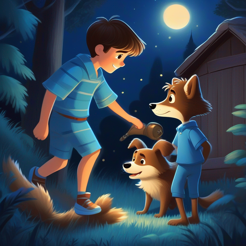 Billy: a boy with brown hair and wearing a blue pajama and Max: a friendly dog with brown fur and a wagging tail see raccoons trying to break in, nighttime scene.