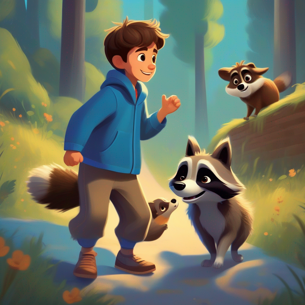 Billy: a boy with brown hair and wearing a blue pajama and Max: a friendly dog with brown fur and a wagging tail scare off the raccoons, happy raccoons.