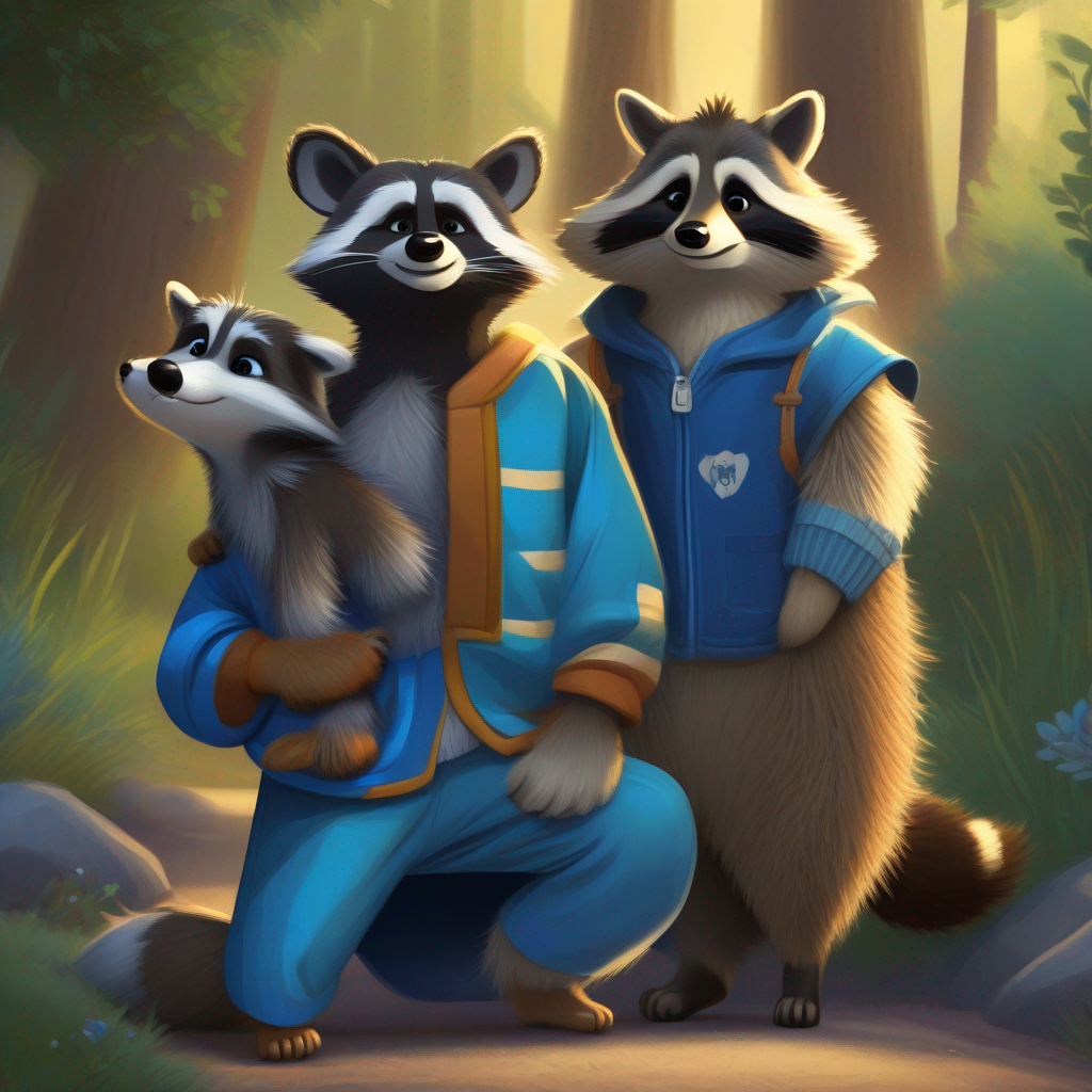Raccoons: a family of raccoons with black and gray fur visit Billy: a boy with brown hair and wearing a blue pajama and Max: a friendly dog with brown fur and a wagging tail, Billy and Max offer friendship.