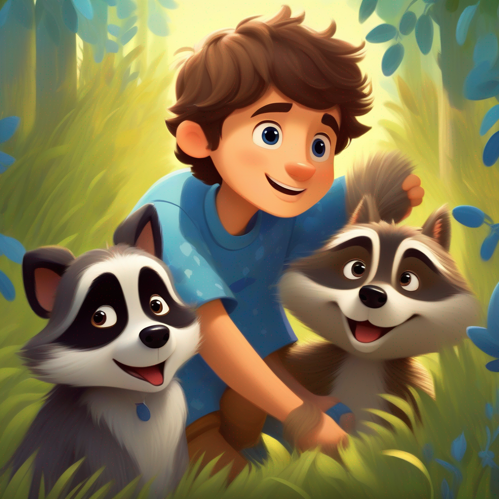 Billy: a boy with brown hair and wearing a blue pajama, Max: a friendly dog with brown fur and a wagging tail, and raccoons become friends, having fun together.