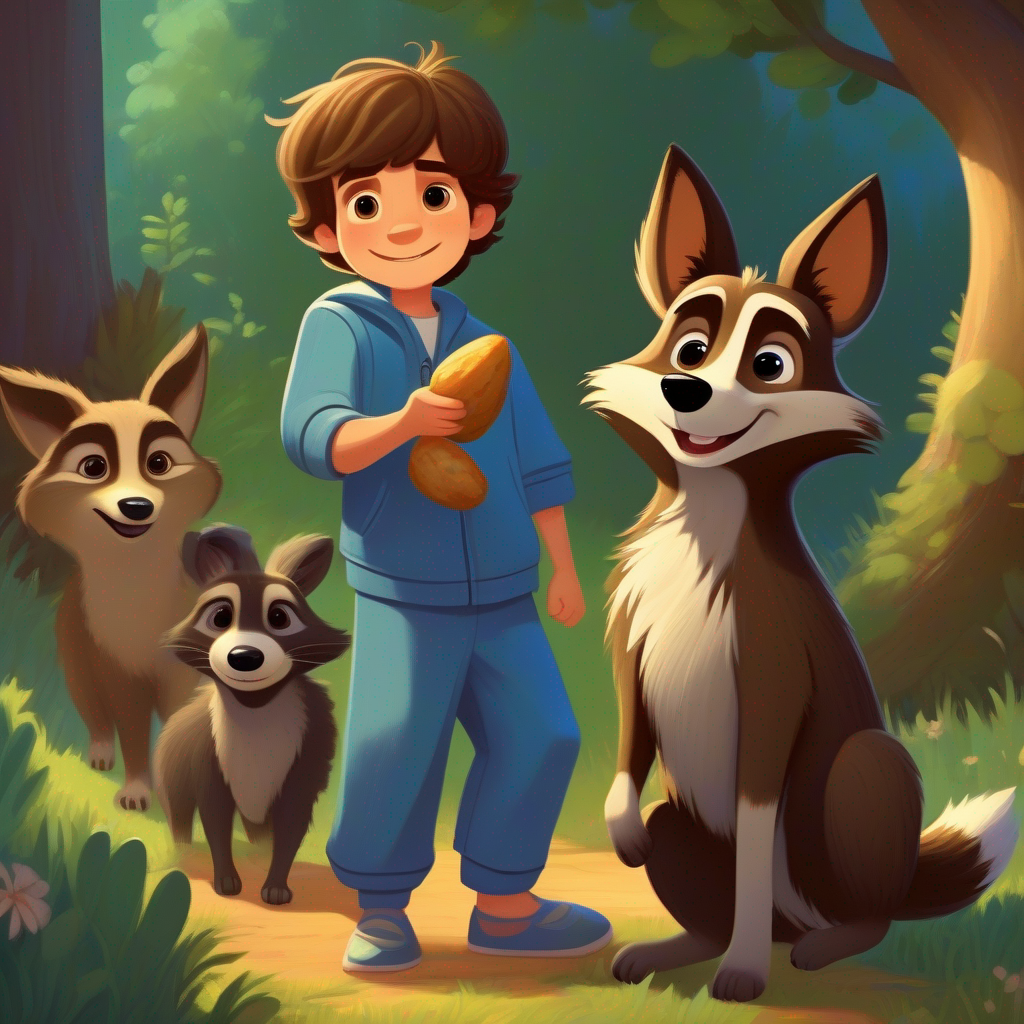 Billy: a boy with brown hair and wearing a blue pajama and Max: a friendly dog with brown fur and a wagging tail find food for the raccoons, happy raccoons.