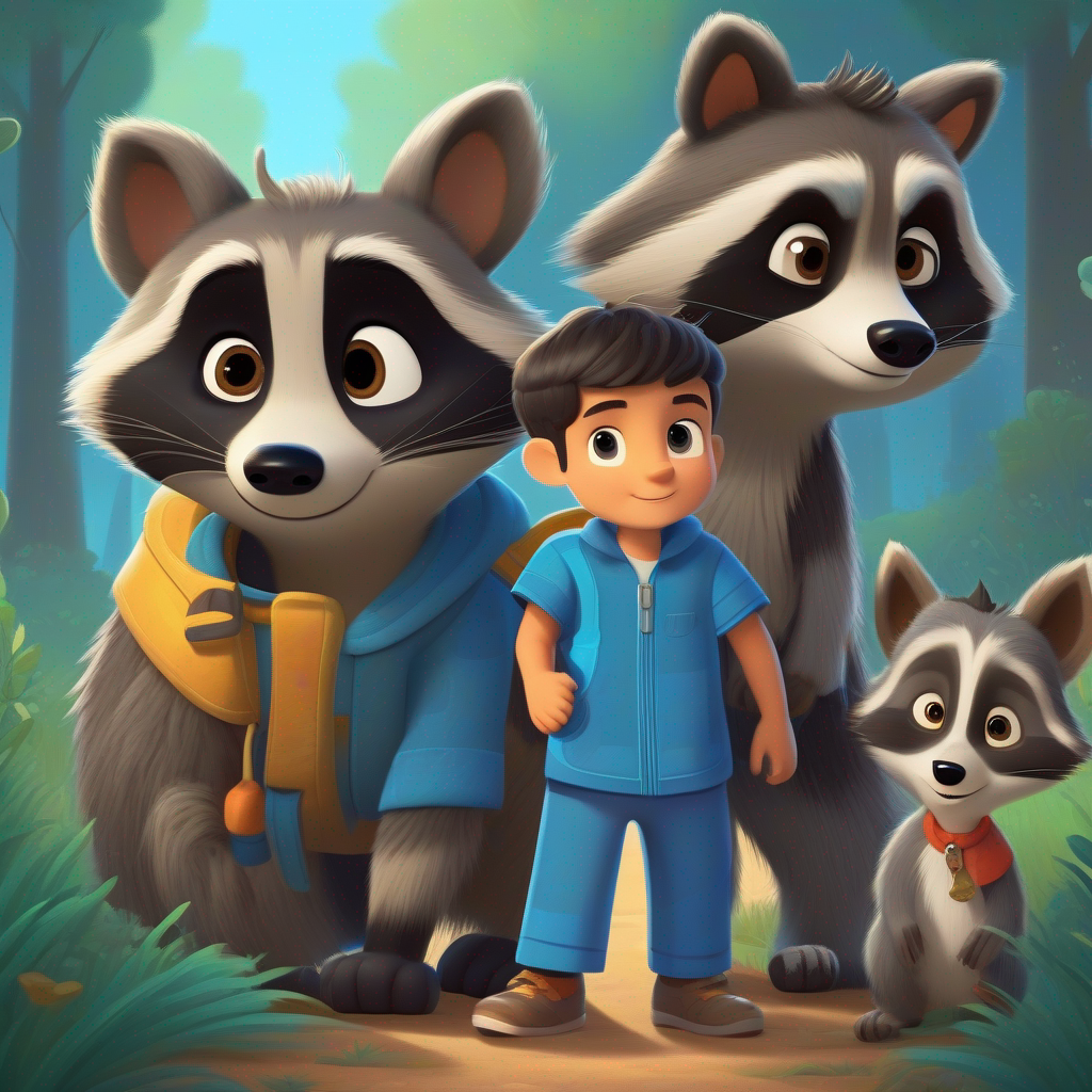 Raccoons: a family of raccoons with black and gray fur say goodbye, Billy: a boy with brown hair and wearing a blue pajama and Max: a friendly dog with brown fur and a wagging tail feeling sad.
