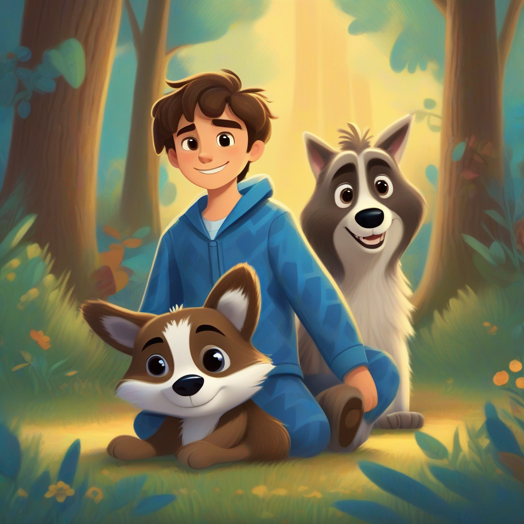 Billy: a boy with brown hair and wearing a blue pajama and Max: a friendly dog with brown fur and a wagging tail remember the raccoons, feeling happy and grateful.