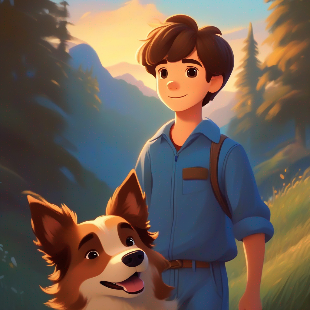 Billy: a boy with brown hair and wearing a blue pajama and Max: a friendly dog with brown fur and a wagging tail continue their adventures, sunset scene.