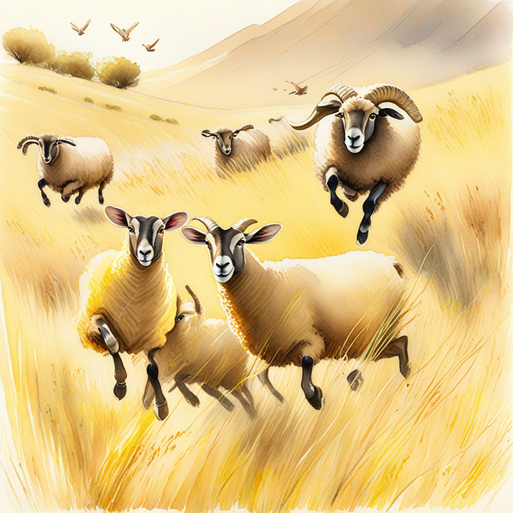 African brown sheep and kids leaping happily in the yellow grass. leaping happily in the yellow grass. Early morning