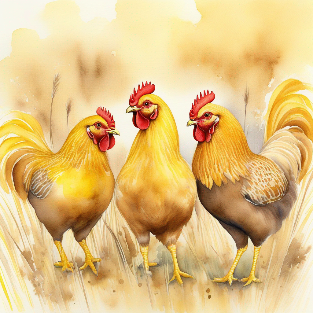 brown and Yellow chickens.  pecking. proudly walking and pecking. yellow grass. grains