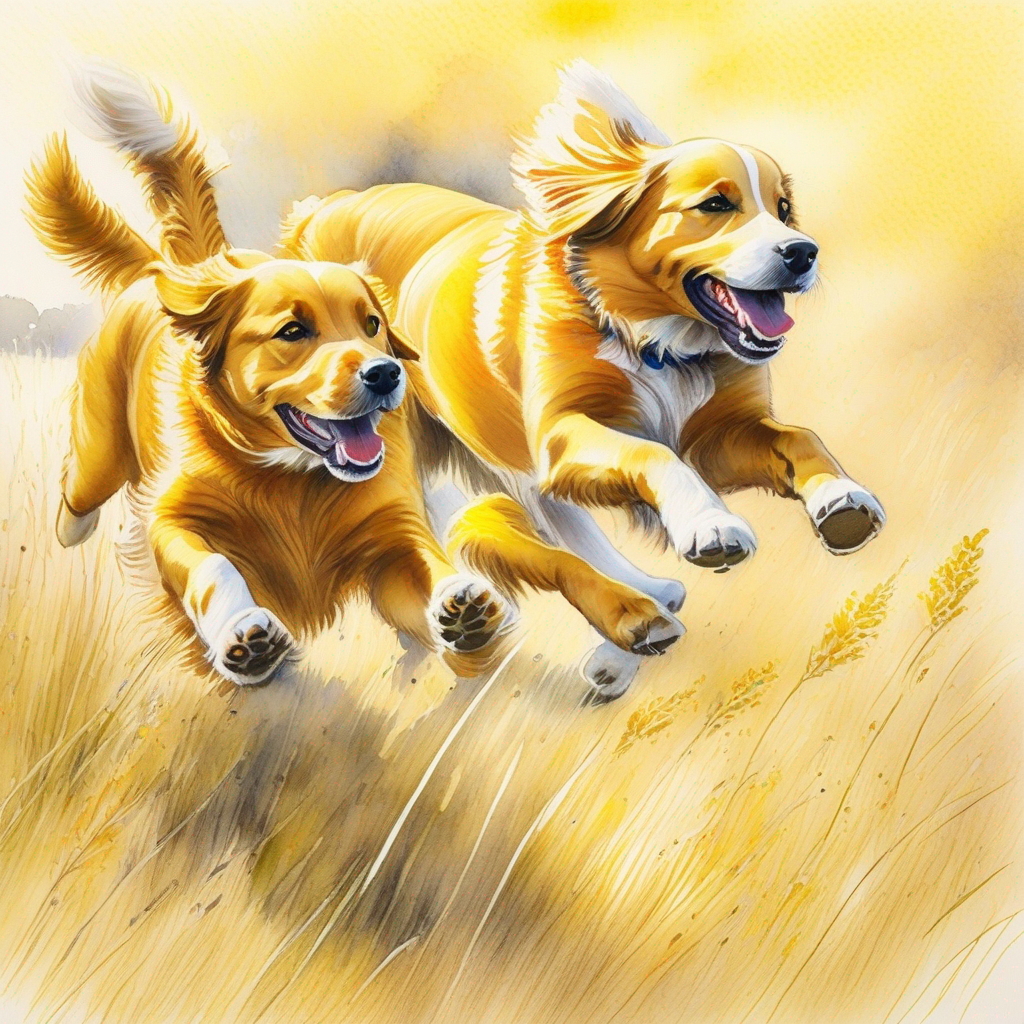  dogs energetically playing together and  jumping together. Yellow grass. energetically playing together. Early morning sun.