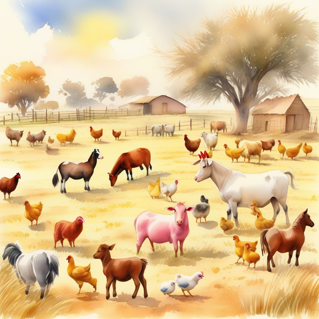 Africa .Farm Yard. Animals playing under a sunny sky. early in the morning on yellow grass. NO barn. with an African tree. Chickens. Sheep Goats. Cows. pink Pigs. yellow Chicks. Rooster. Hens. Brown Horses. Ducks. Dogs. Cat. Africa
