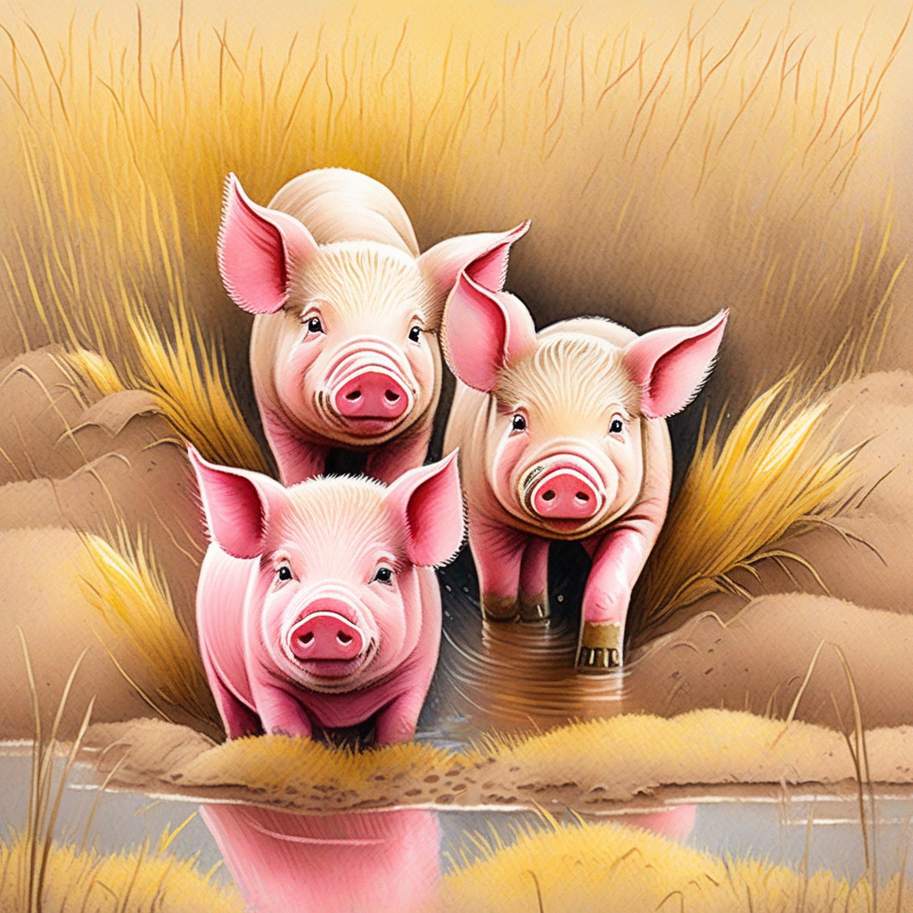 Pink pigs. happy. covered in mud puddle. snout in brown mud. snout covered in mud. happily covered in mud. Tall yellow grass