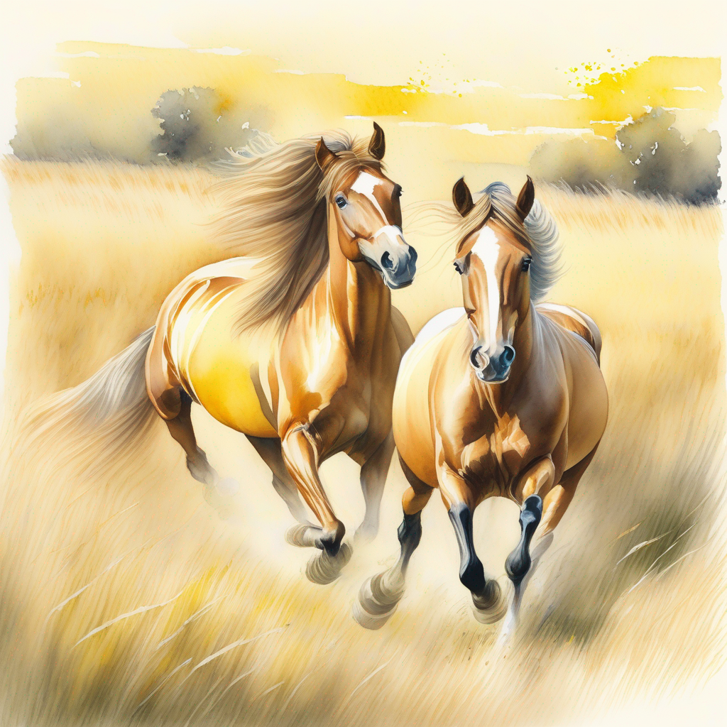 two horses running gracefully in the field. Neigh running gracefully in the field. with tall yellow grass. early morning.