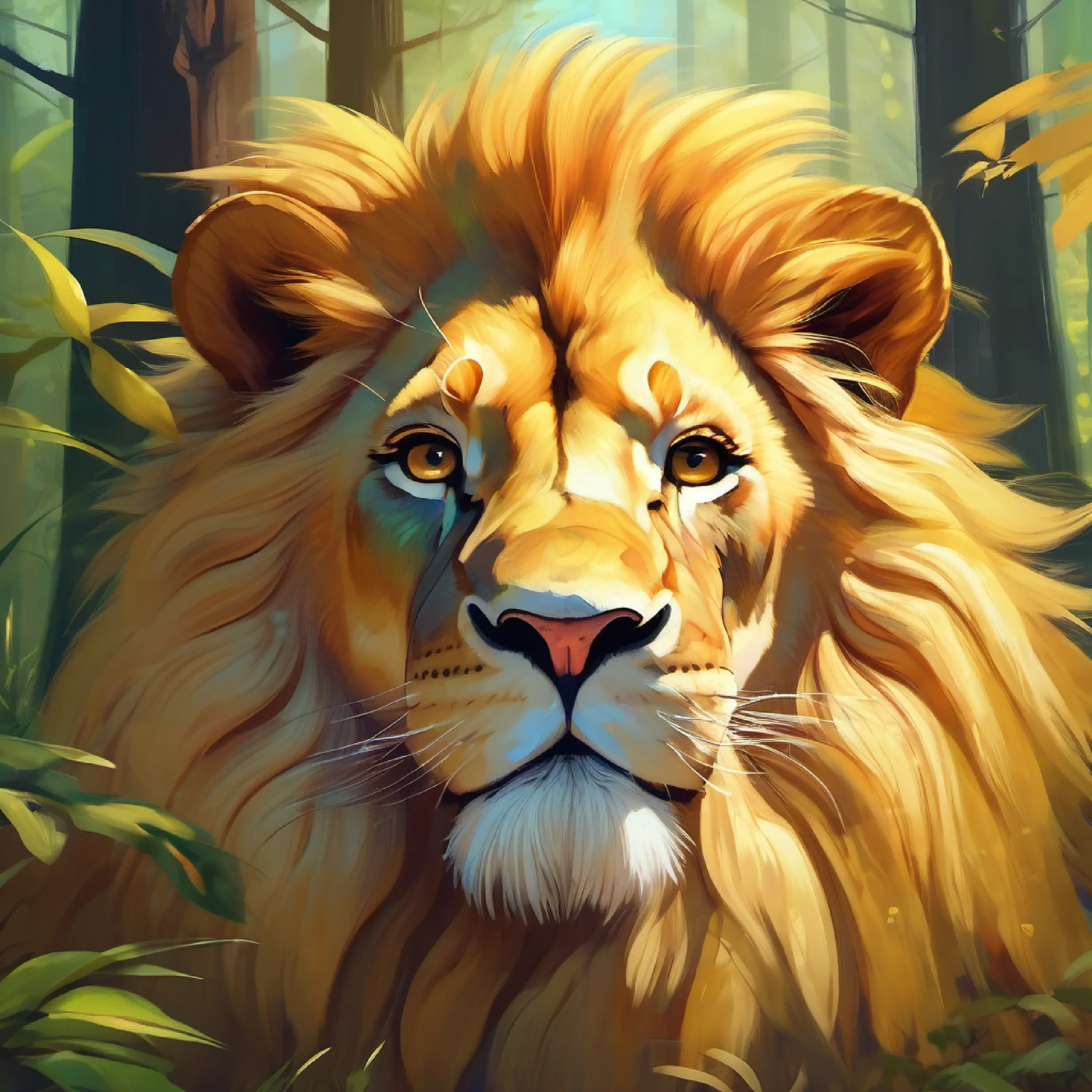Introduction to Gentle lion with golden fur and kind eyes, a gentle lion living in a forest.