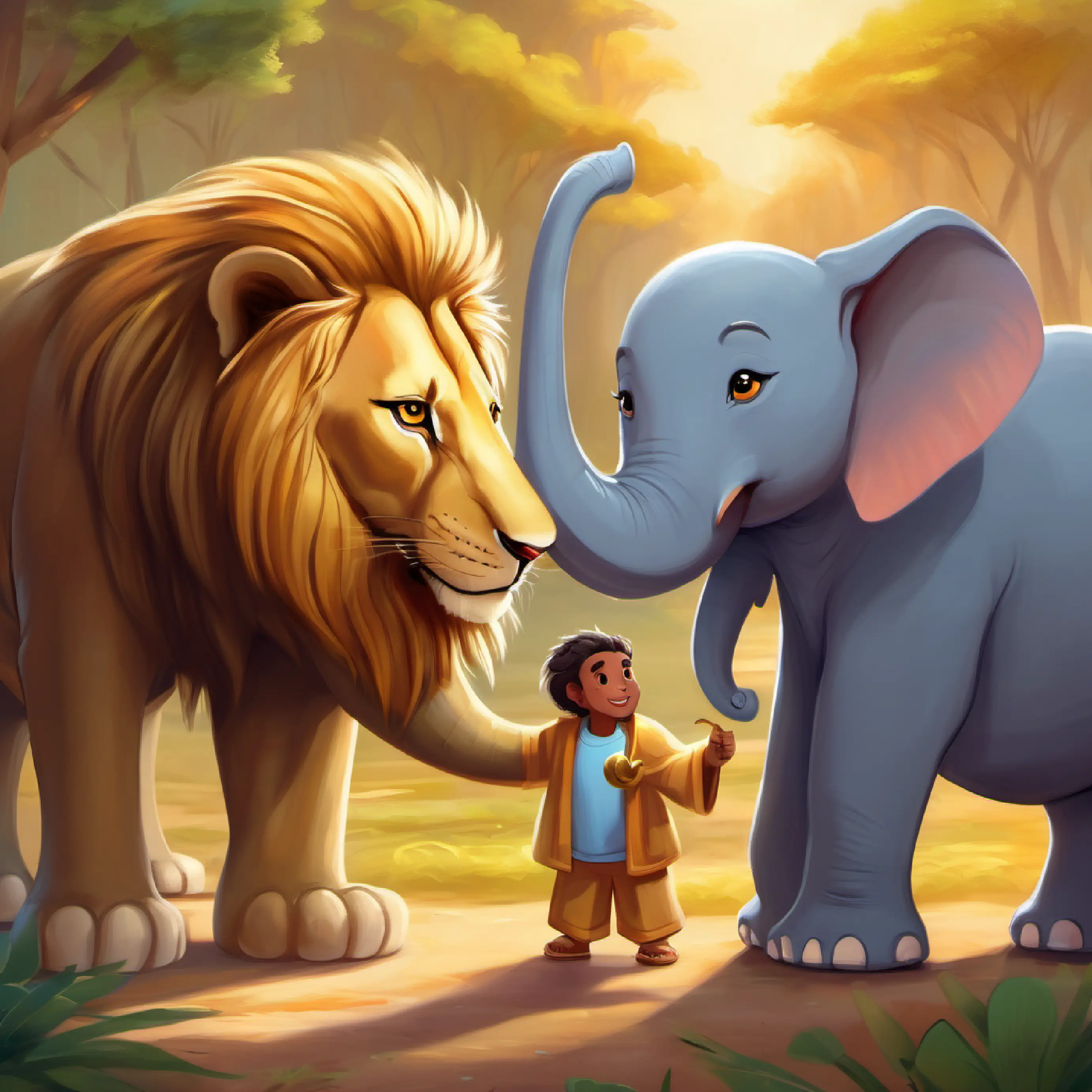 Gentle lion with golden fur and kind eyes with Friendly elephant, large ears, and wise eyes the elephant, sharing stories, showing friendship.