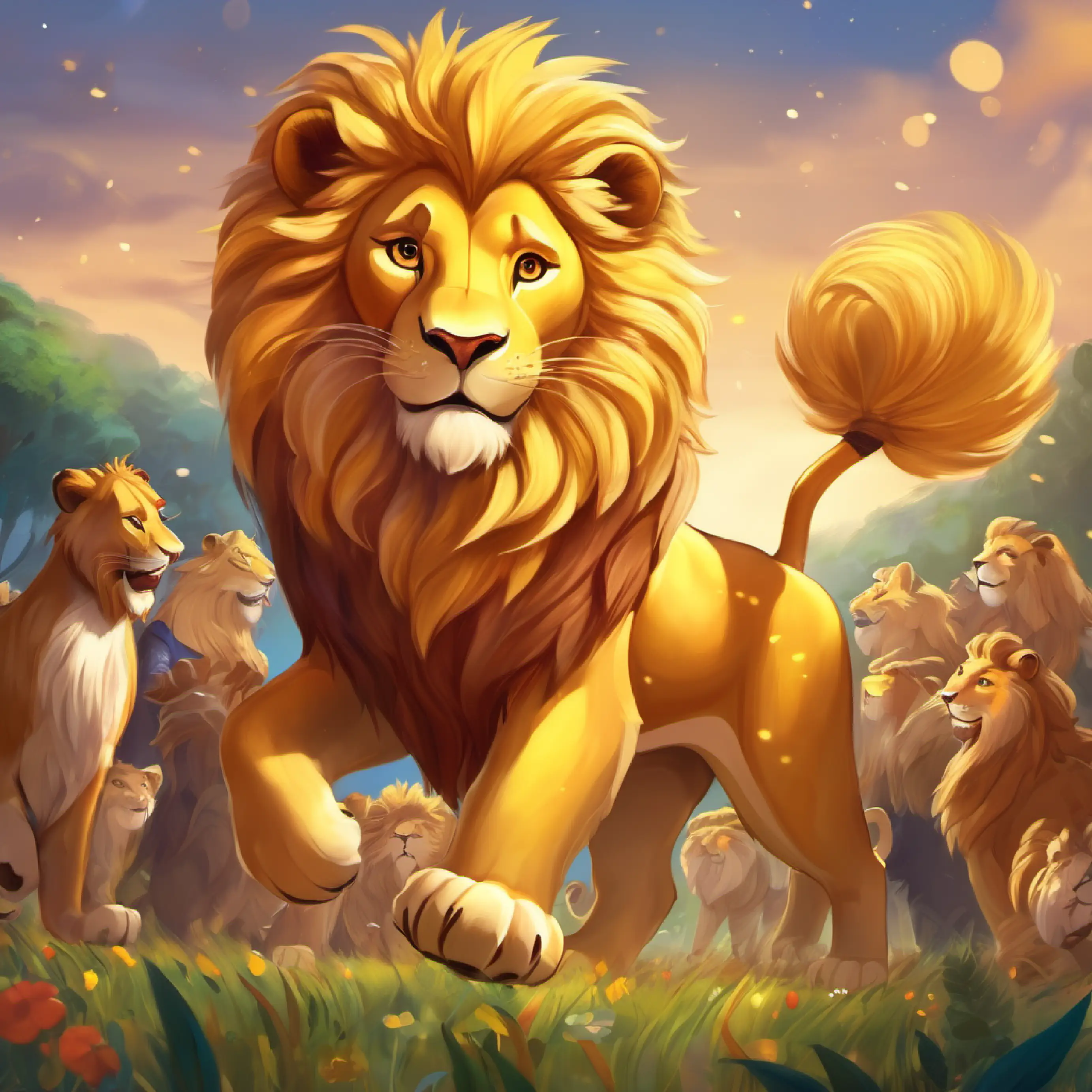 Celebration with singing and dancing for Gentle lion with golden fur and kind eyes, showing community.