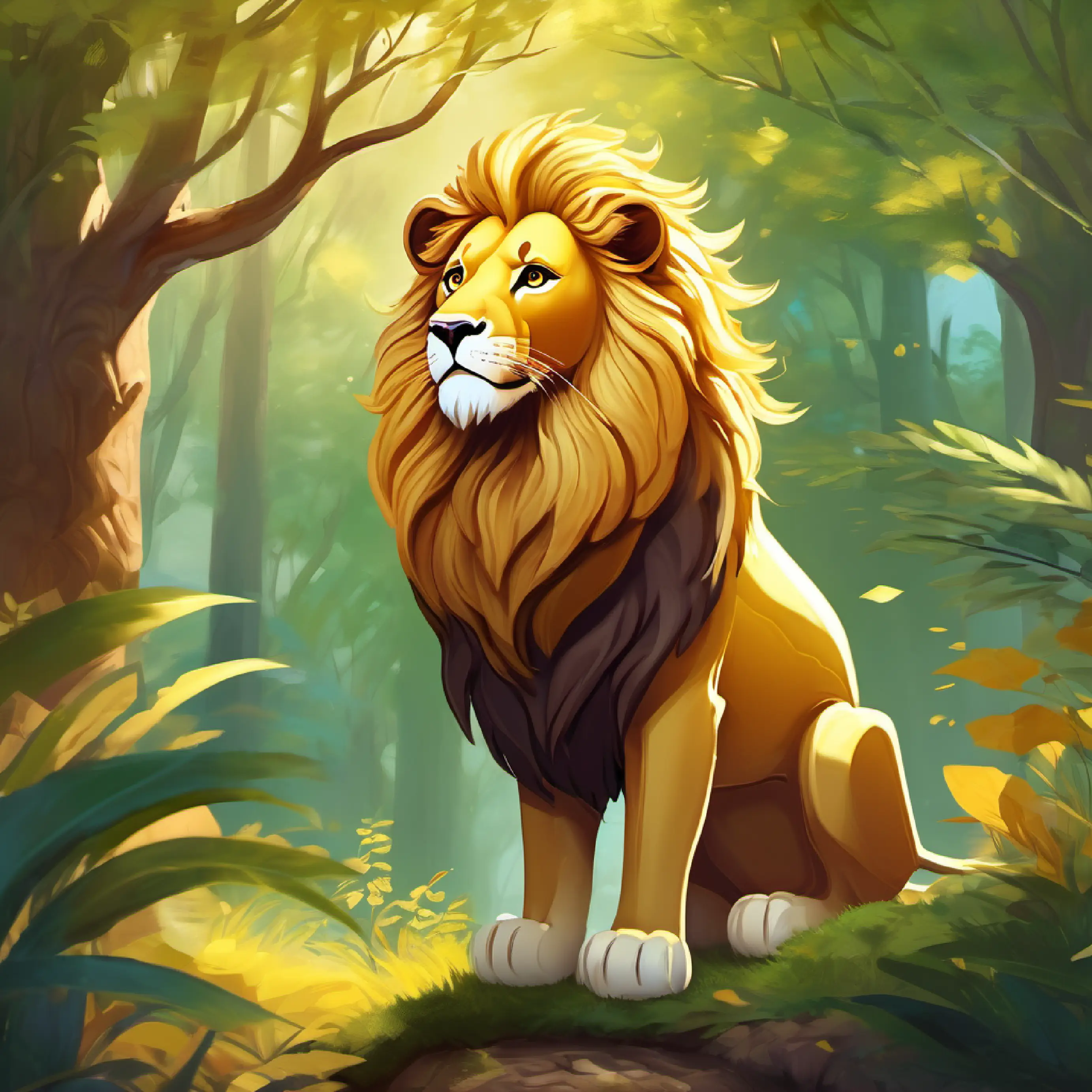 Gentle lion with golden fur and kind eyes's influence creates a joyful and kind forest environment.