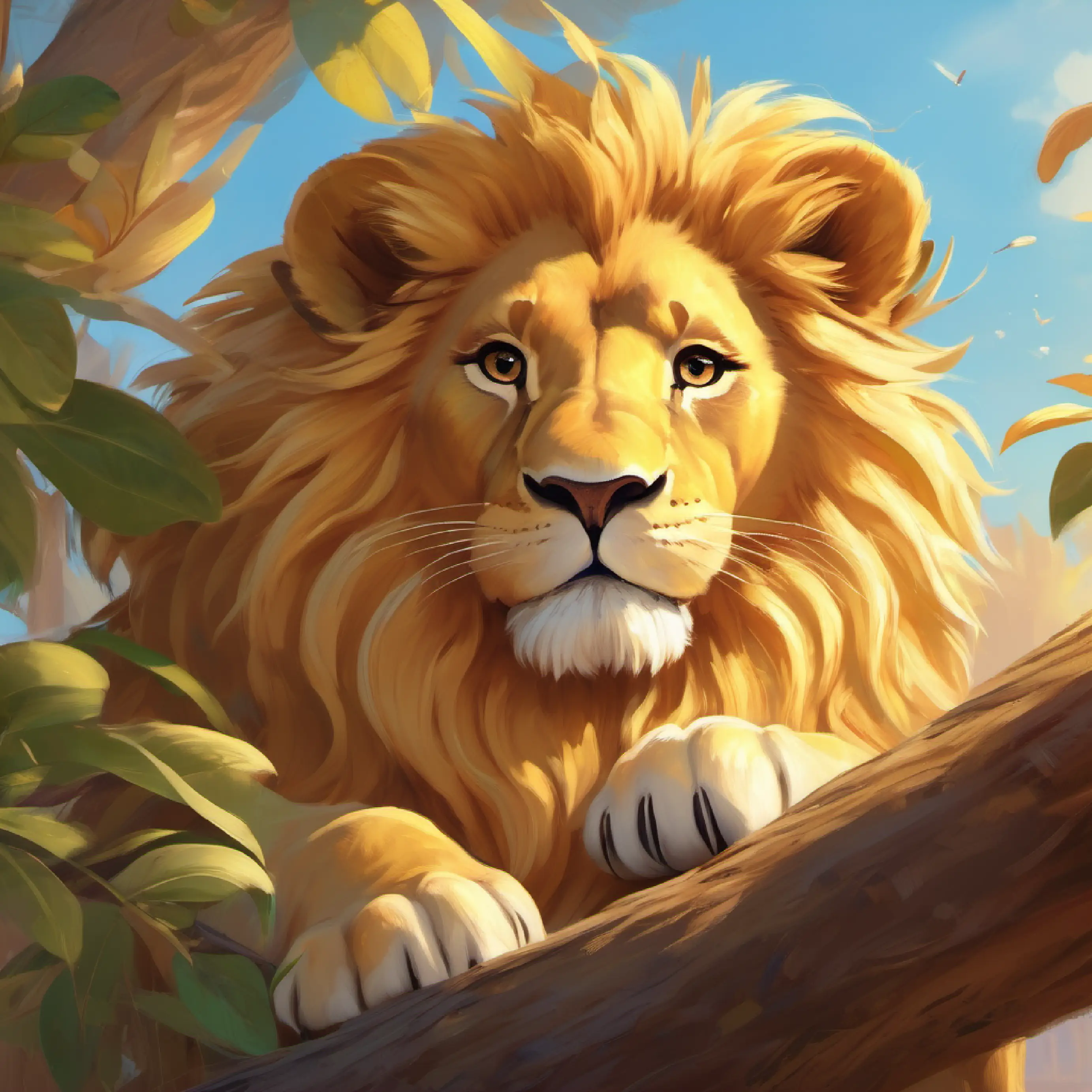 Gentle lion with golden fur and kind eyes assists Tiny bird, bright feathers, and quick movements the bird in building a nest, showing helpfulness.
