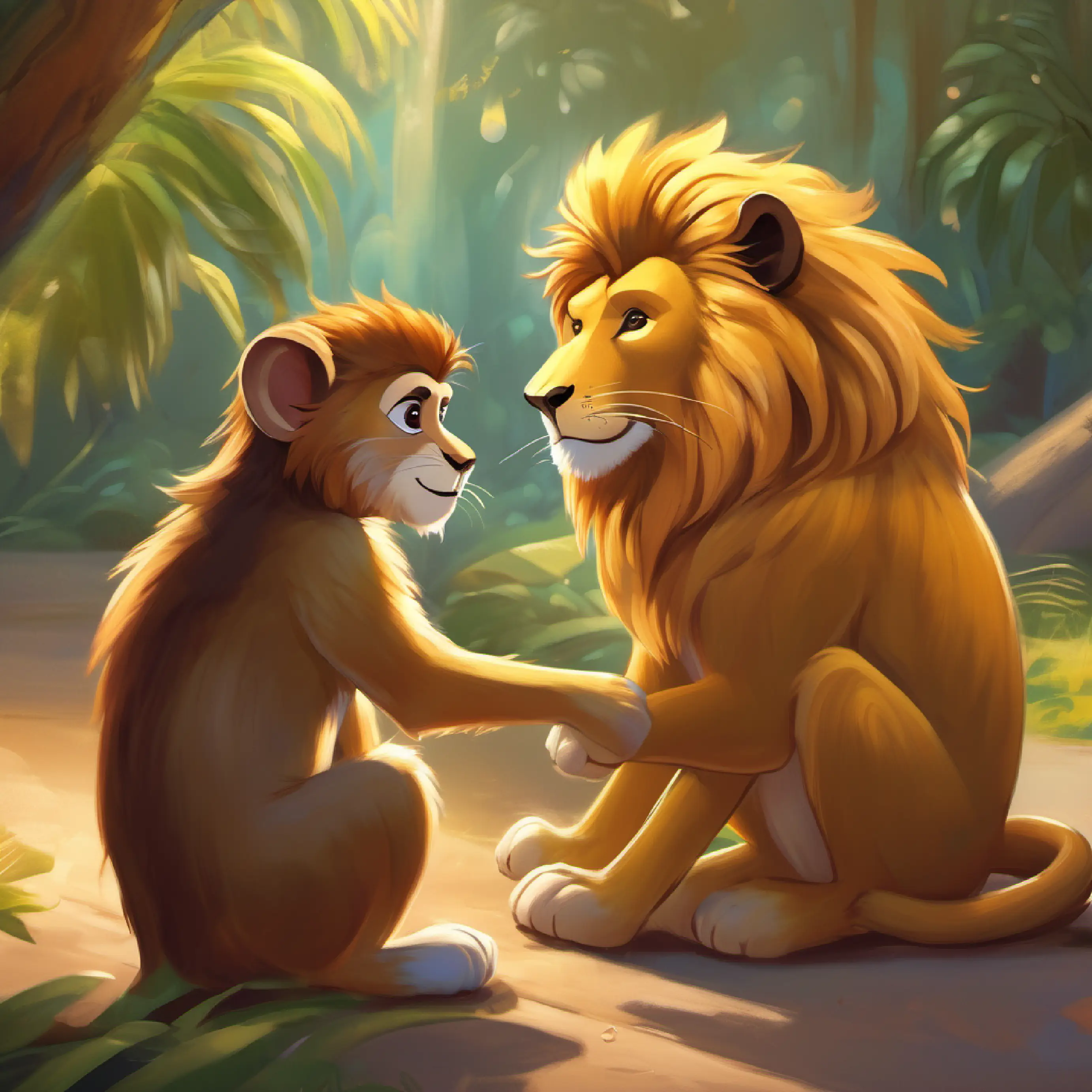 Gentle lion with golden fur and kind eyes shares his lunch with Playful monkey, brown fur, and lively expression the monkey, highlighting sharing.
