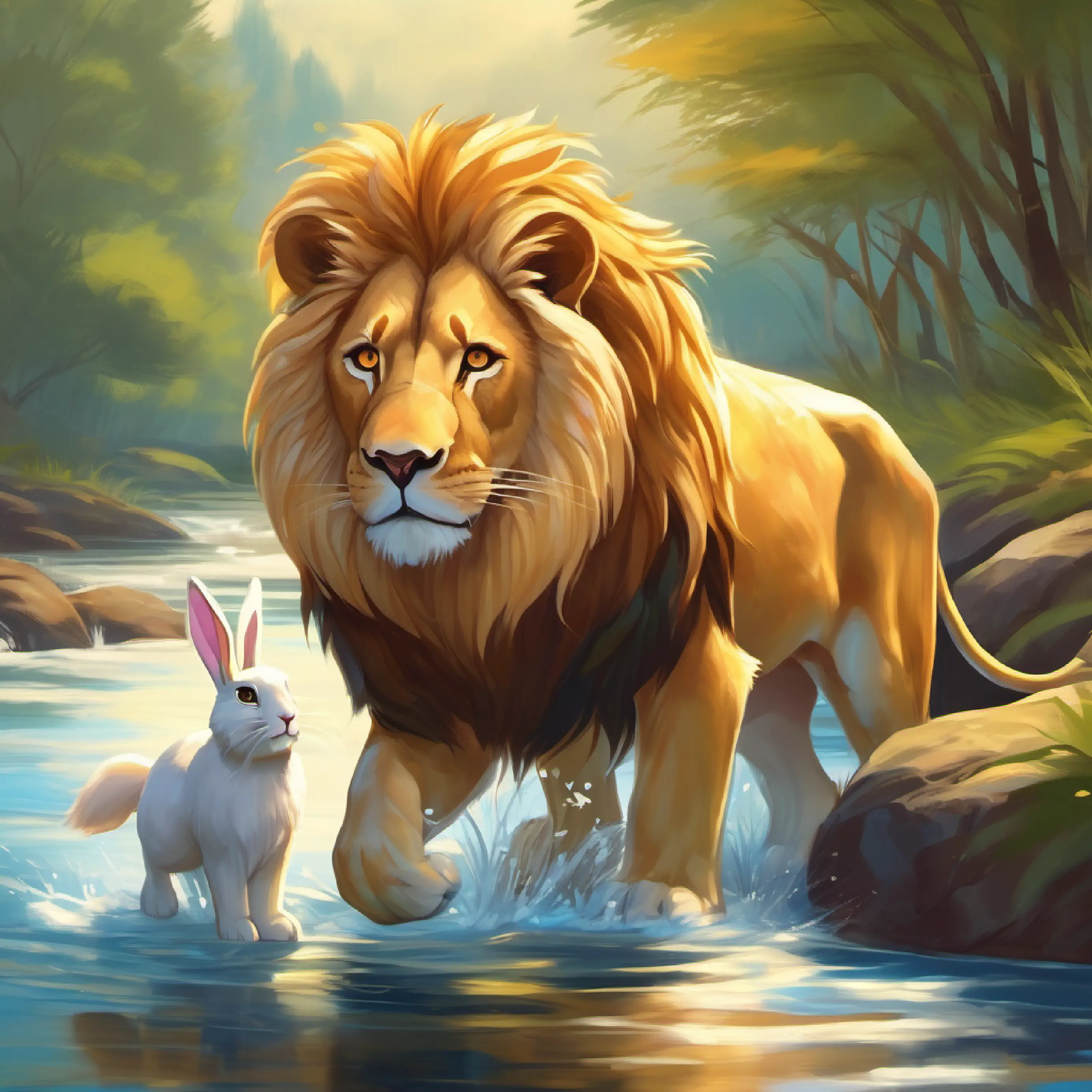Gentle lion with golden fur and kind eyes helps Timid rabbit, soft white fur, and cautious eyes the rabbit cross a river, demonstrating bravery.