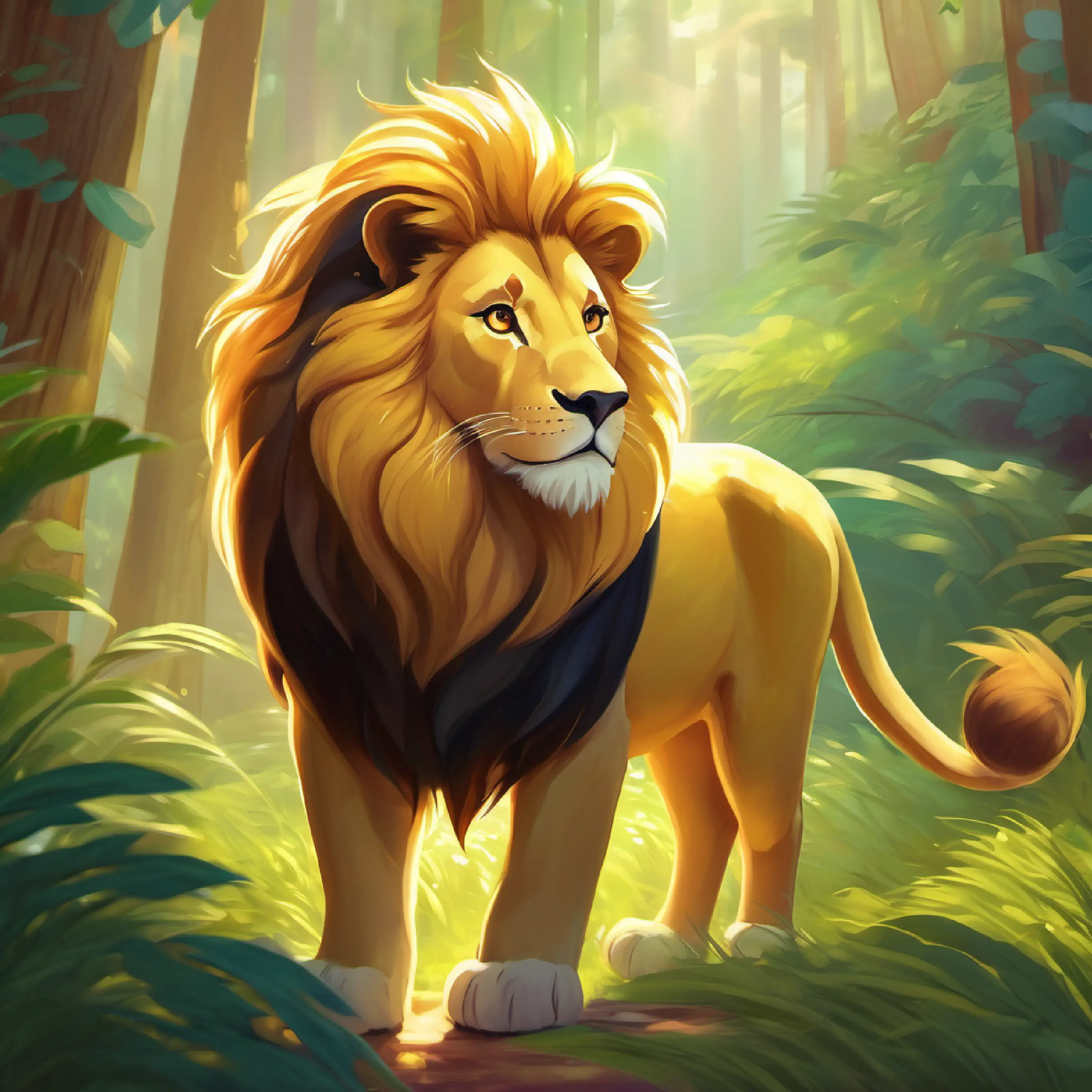 News of Gentle lion with golden fur and kind eyes's kindness spreads, he's admired by forest animals.