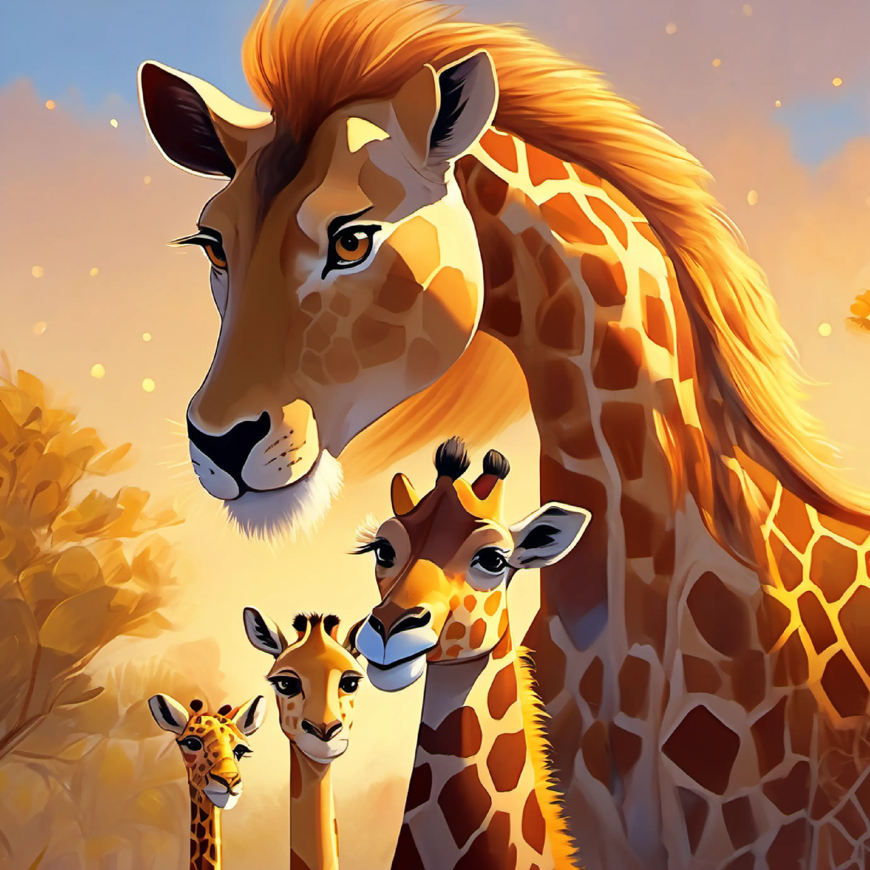 Gentle lion with golden fur and kind eyes helps free Tall giraffe, spotted coat, and long neck the giraffe, showing strength and kindness.