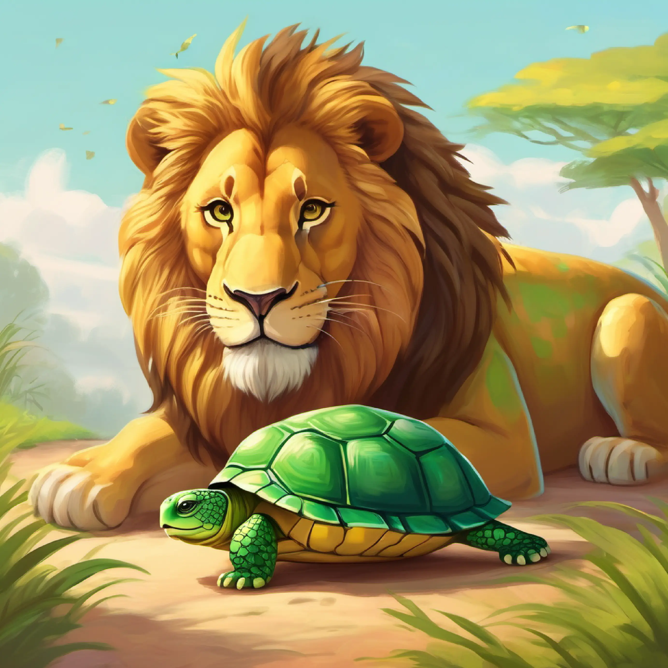Gentle lion with golden fur and kind eyes comforts Slow-moving turtle with a green shell and gentle smile the turtle after a race, encouraging her.