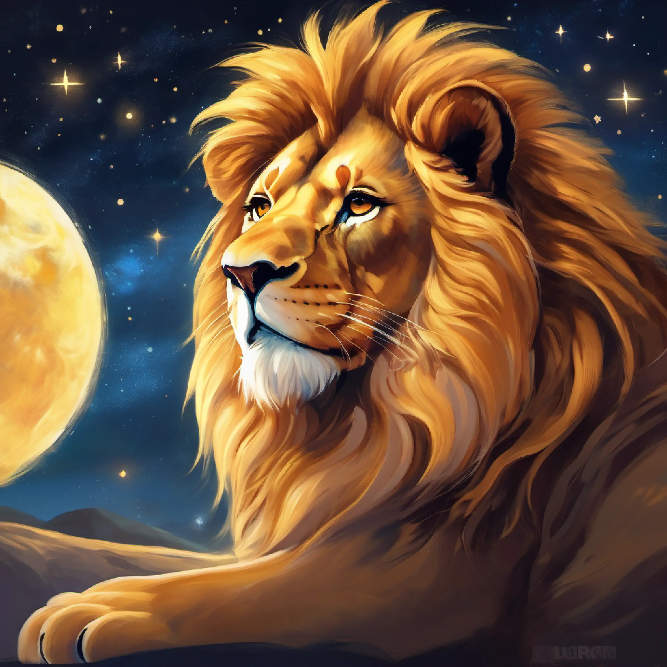 Gentle lion with golden fur and kind eyes is stargazing and wishing happiness for his friends, showing his selflessness.