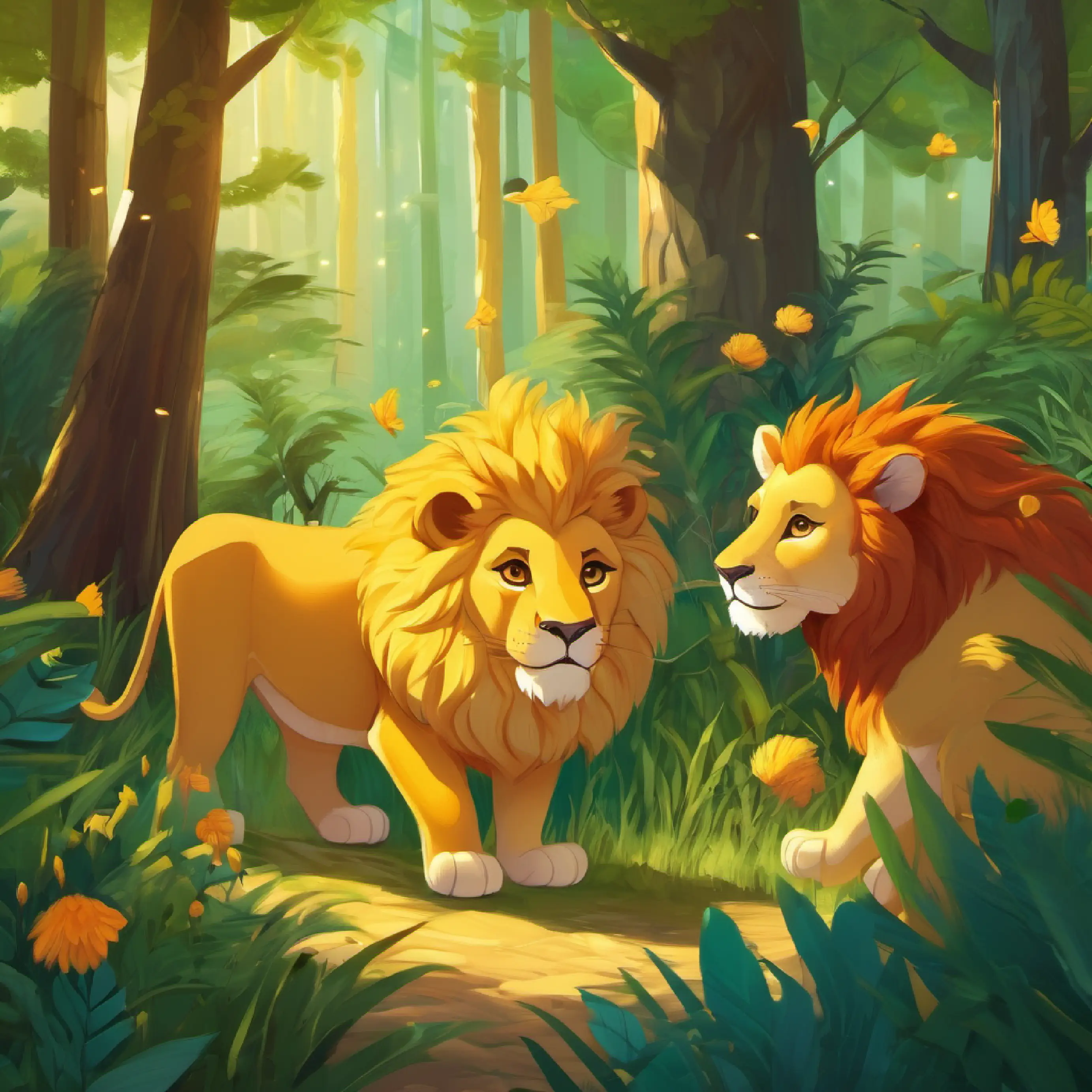 The forest animals throw a surprise party for Gentle lion with golden fur and kind eyes as thanks.
