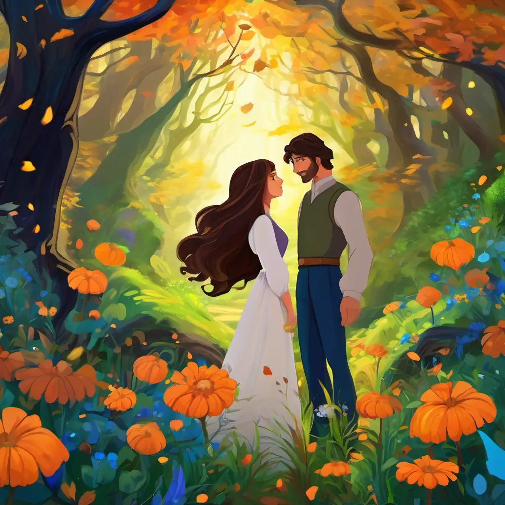The story begins in a beautiful enchanted forest, where Brave man with brown hair, green eyes, and a kind smile encounters the Enormous woman with long flowing hair and bright blue eyes, gentle and awe-inspiring. The forest is filled with tall trees and colorful flowers.
