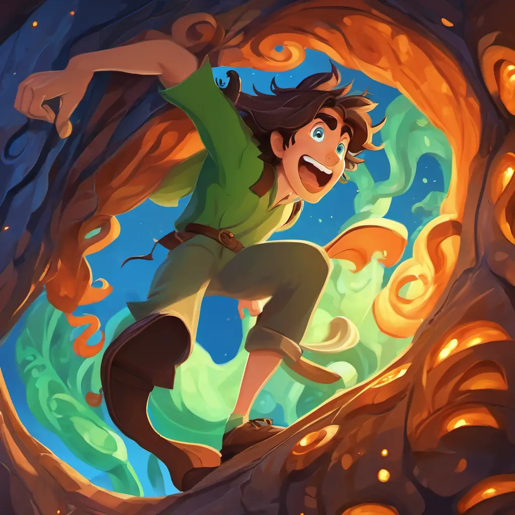 This page illustrates Brave man with brown hair, green eyes, and a kind smile's perseverance as he climbs the slimy walls of the Enormous woman with long flowing hair and bright blue eyes, gentle and awe-inspiring's stomach, displaying his determination and courage.