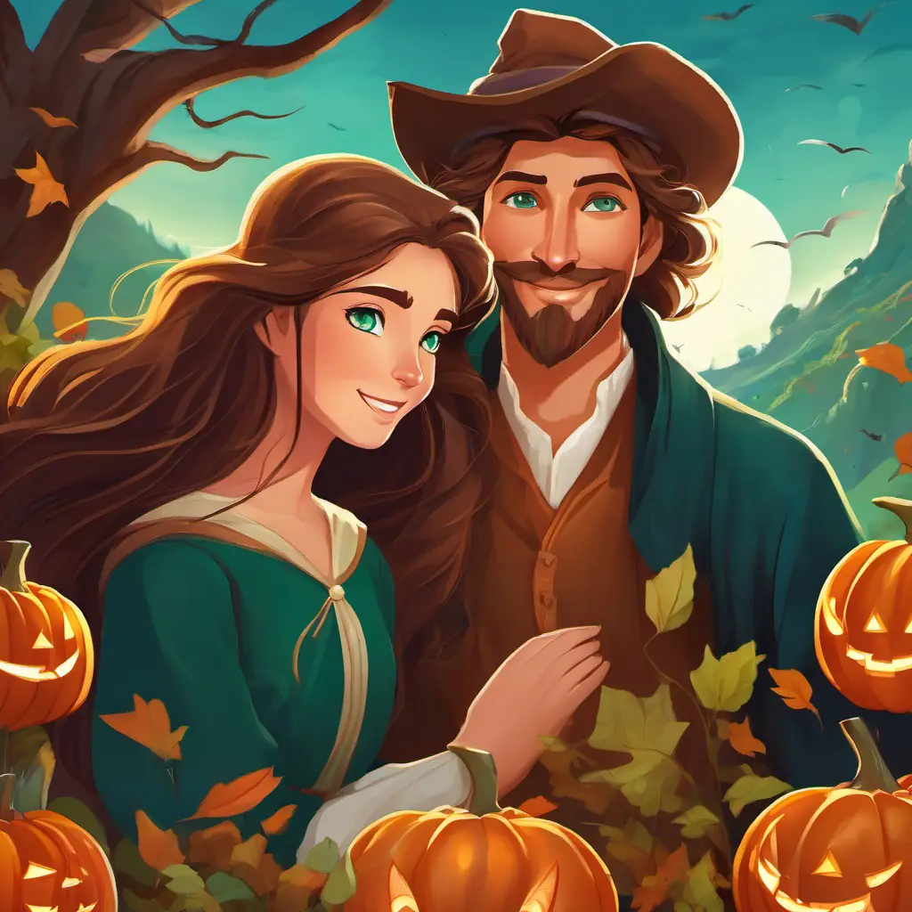 The final page depicts the Enormous woman with long flowing hair and bright blue eyes, gentle and awe-inspiring and Brave man with brown hair, green eyes, and a kind smile together, with the land behind them filled with happiness and love, thanks to Brave man with brown hair, green eyes, and a kind smile's selfless wish.