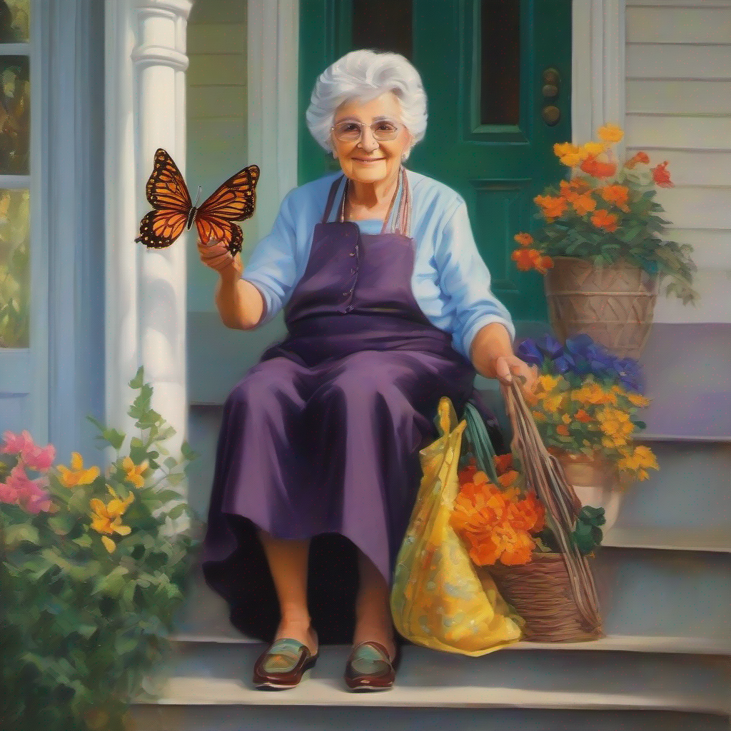 Grandma Wise grandma with silver hair, elegant attire, and mischievous eyes. sweeping porch, magical butterfly, vibrant colors.