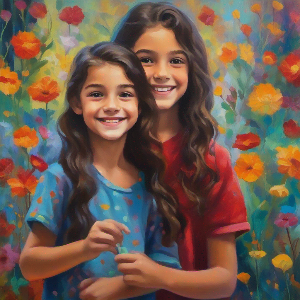 Curious teenager with long, dark hair and a compassionate smile. and Playful pre-teen with short, curly hair and a mischievous grin. exploring grandma's room, vibrant colors.