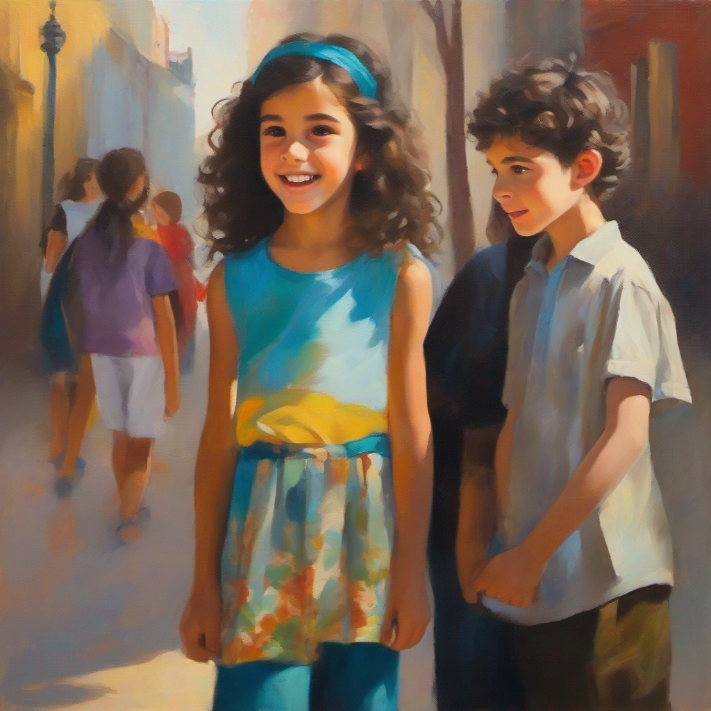 Curious teenager with long, dark hair and a compassionate smile. and Playful pre-teen with short, curly hair and a mischievous grin. confronting grandma, serious expressions.