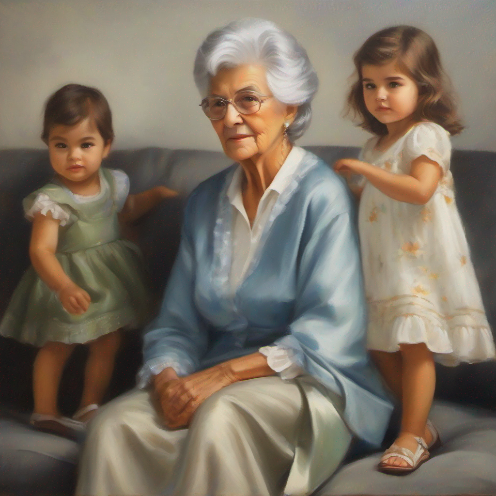 Grandma Wise grandma with silver hair, elegant attire, and mischievous eyes. with her chancla, determined granddaughters, intense.