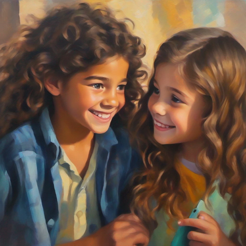 Curious teenager with long, dark hair and a compassionate smile. and Playful pre-teen with short, curly hair and a mischievous grin. discussing responsibility with grandma, thoughtful expressions.