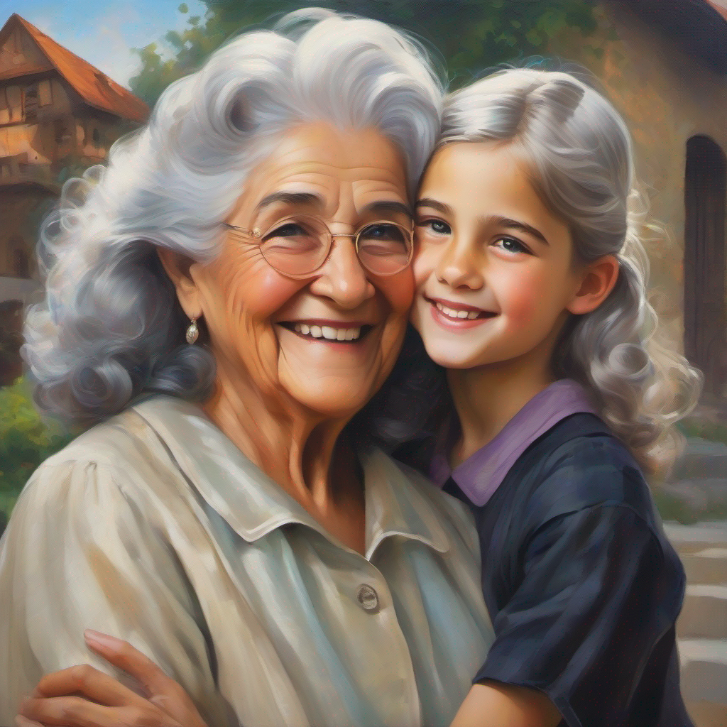 Grandma Wise grandma with silver hair, elegant attire, and mischievous eyes. hugging Curious teenager with long, dark hair and a compassionate smile. and Playful pre-teen with short, curly hair and a mischievous grin., peaceful town.