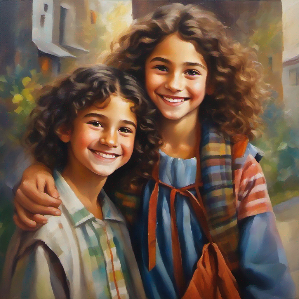 Smiling townspeople, Curious teenager with long, dark hair and a compassionate smile. and Playful pre-teen with short, curly hair and a mischievous grin. hugging grandma.